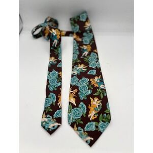 KENZO Paris Silk Necktie Brown Blue Floral Cherub Angels Print Men's Fashion